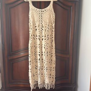 Zara Crochet Beach Dress Cover Up Fringe Open Knit Midi Vacation Boho Tan